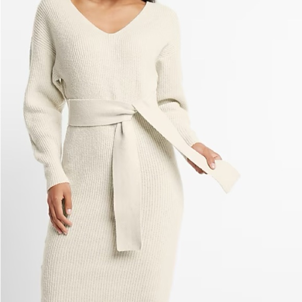 Express V Neck belted Dress Large Off white